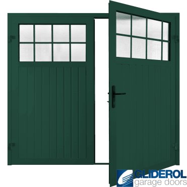 MOSS GREEN (RAL6005) Premium Hartshill Vertical Standard Rib (non-insulated) Side Hinged Garage Door with windows