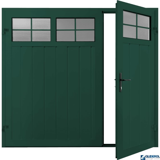 Gliderol MOSS GREEN (RAL6005) Premium Vertical Medium Rib (non-insulated) Side Hinged Garage Door with windows (1/3)