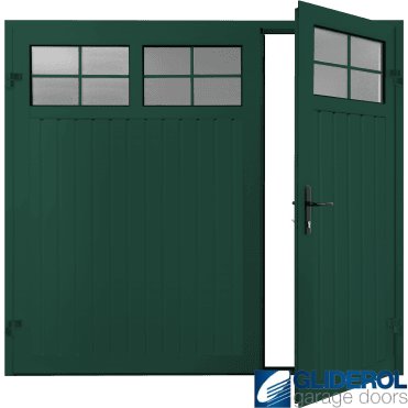 MOSS GREEN (RAL6005) Premium Vertical Standard Rib (non-insulated) Side Hinged Garage Door with windows (1/3)