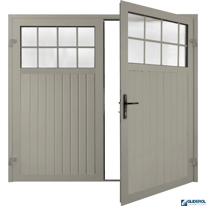 Gliderol PEBBLE GREY (RAL7032) Premium Hartshill Vertical Standard Rib (non-insulated) Side Hinged Garage Door with windows