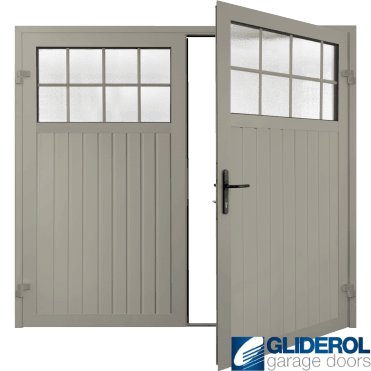PEBBLE GREY (RAL7032) Premium Hartshill Vertical Standard Rib (non-insulated) Side Hinged Garage Door with windows