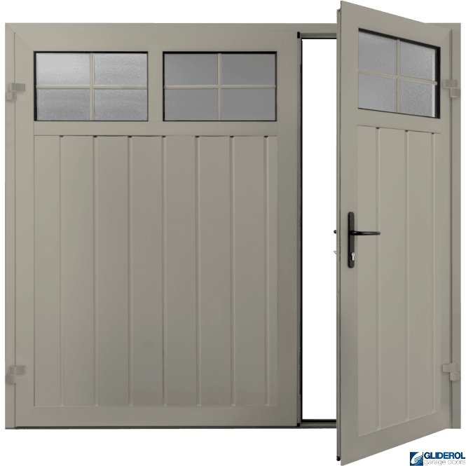 Gliderol PEBBLE GREY (RAL7032) Premium Vertical Medium Rib (non-insulated) Side Hinged Garage Door with windows (1/3)