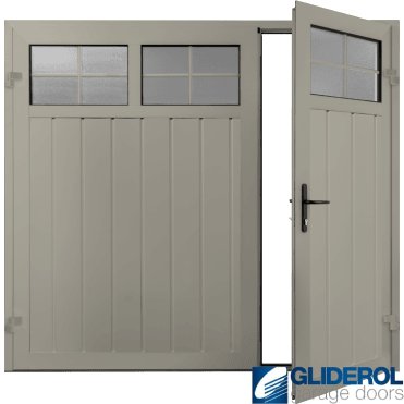 PEBBLE GREY (RAL7032) Premium Vertical Medium Rib (non-insulated) Side Hinged Garage Door with windows (1/3)