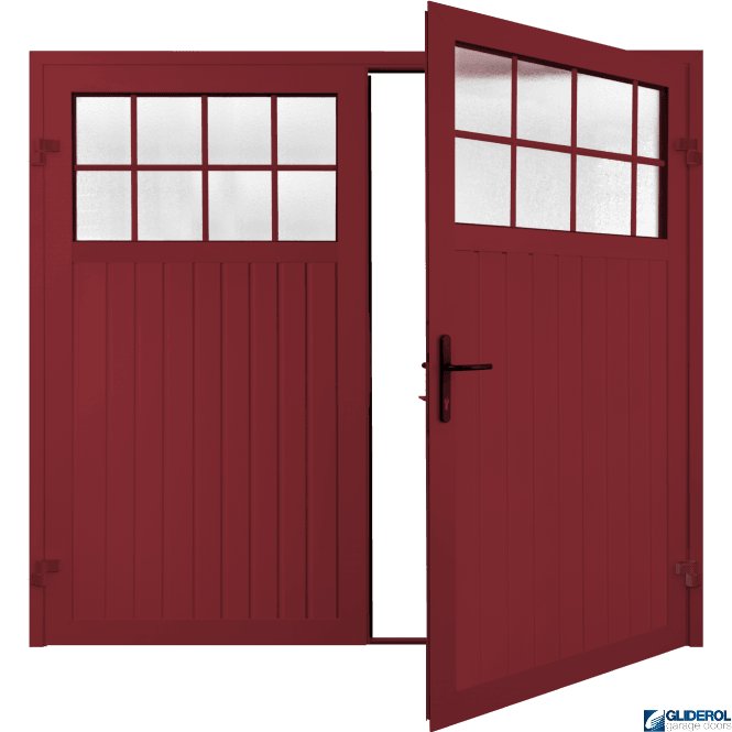 Gliderol RUBY RED (RAL3003) Premium Hartshill Vertical Standard Rib (non-insulated) Side Hinged Garage Door with windows