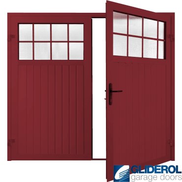 RUBY RED (RAL3003) Premium Hartshill Vertical Standard Rib (non-insulated) Side Hinged Garage Door with windows