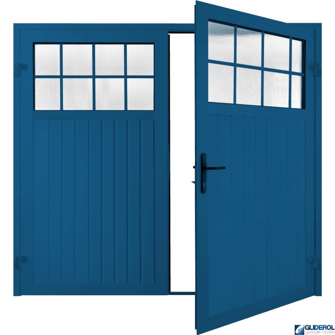 Gliderol SIGNAL BLUE (RAL5005) Premium Hartshill Vertical Standard Rib (non-insulated) Side Hinged Garage Door with windows