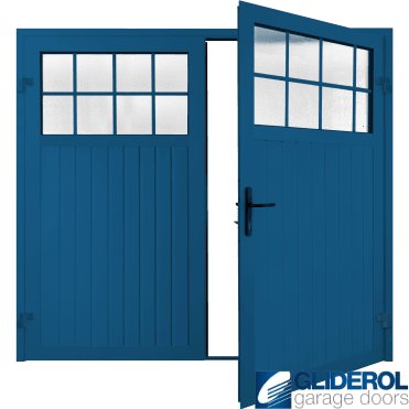 SIGNAL BLUE (RAL5005) Premium Hartshill Vertical Standard Rib (non-insulated) Side Hinged Garage Door with windows