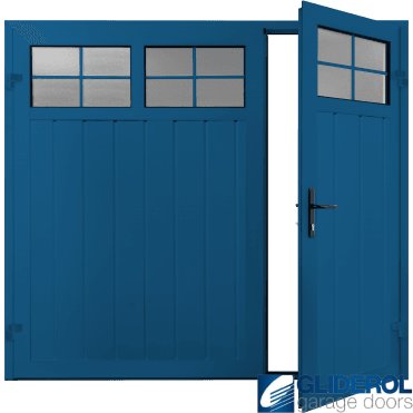 SIGNAL BLUE (RAL5005) Premium Vertical Medium Rib (non-insulated) Side Hinged Garage Door with windows (1/3)