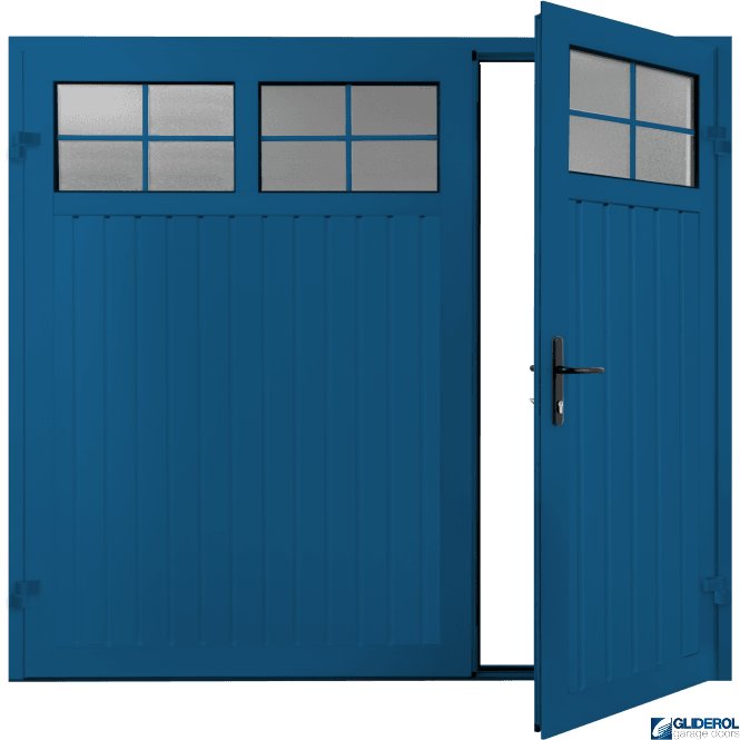 Gliderol SIGNAL BLUE (RAL5005) Premium Vertical Standard Rib (non-insulated) Side Hinged Garage Door with windows (1/3)