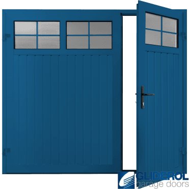 SIGNAL BLUE (RAL5005) Premium Vertical Standard Rib (non-insulated) Side Hinged Garage Door with windows (1/3)