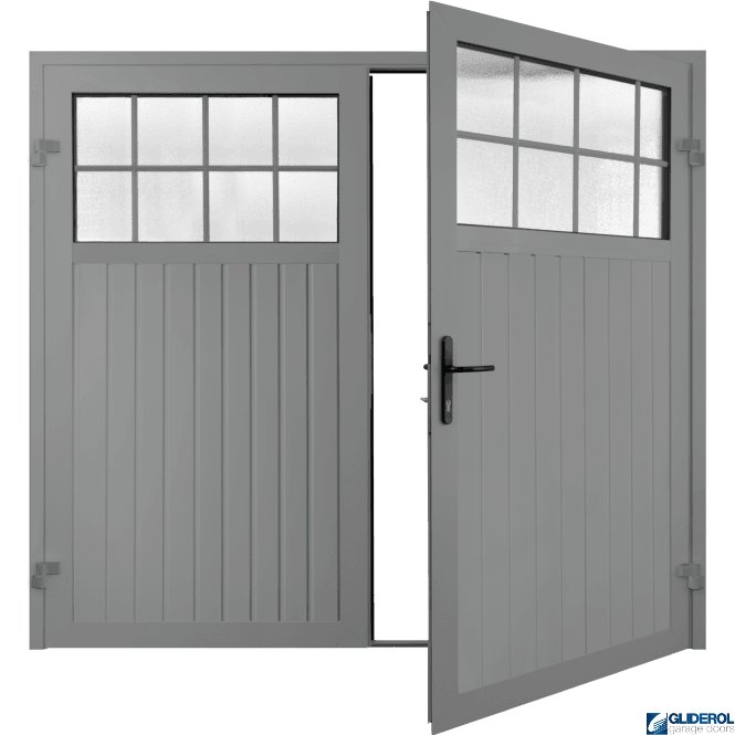 Gliderol SIGNAL GREY (RAL7004) Premium Hartshill Vertical Standard Rib (non-insulated) Side Hinged Garage Door with windows