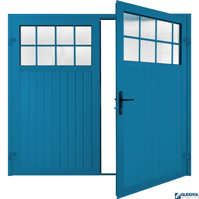 Gliderol SKY BLUE (RAL5015) Premium Hartshill Vertical Standard Rib (non-insulated) Side Hinged Garage Door with windows
