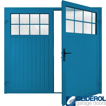 SKY BLUE (RAL5015) Premium Hartshill Vertical Standard Rib (non-insulated) Side Hinged Garage Door with windows