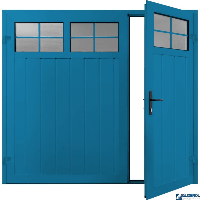 Gliderol SKY BLUE (RAL5015) Premium Vertical Medium Rib (non-insulated) Side Hinged Garage Door with windows (1/3)