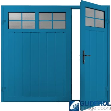 SKY BLUE (RAL5015) Premium Vertical Medium Rib (non-insulated) Side Hinged Garage Door with windows (1/3)