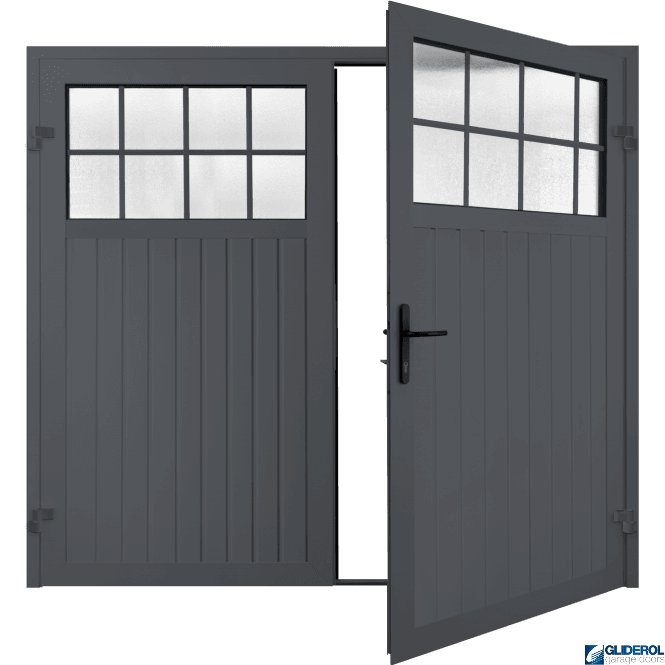 Gliderol SLATE GREY (RAL7015) Premium Hartshill Vertical Standard Rib (non-insulated) Side Hinged Garage Door with windows