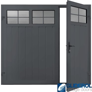 SLATE GREY (RAL7015) Premium Vertical Medium Rib (non-insulated) Side Hinged Garage Door with windows (1/3)