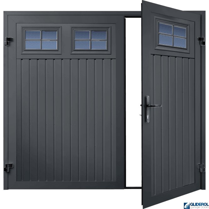 Gliderol SLATE GREY (RAL7015) Premium Vertical Standard Rib (non-insulated) Side Hinged Garage Door with windows (1/3)