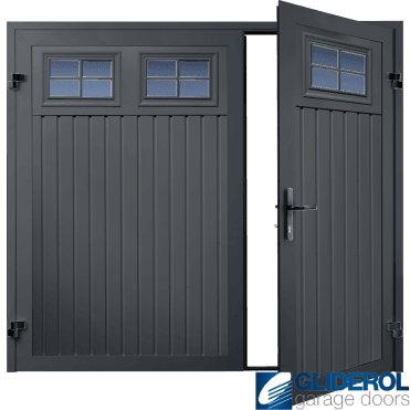 SLATE GREY (RAL7015) Premium Vertical Standard Rib (non-insulated) Side Hinged Garage Door with windows (1/3)