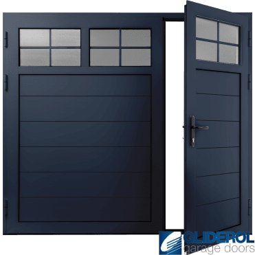 STEEL-BLUE (RAL5011) Insulated Traditional Horizontal Medium Rib Side Hinged Garage Door (1/3)