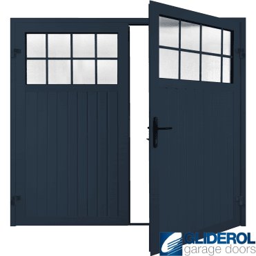 STEEL BLUE (RAL5011) Premium Hartshill Vertical Standard Rib (non-insulated) Side Hinged Garage Door with windows