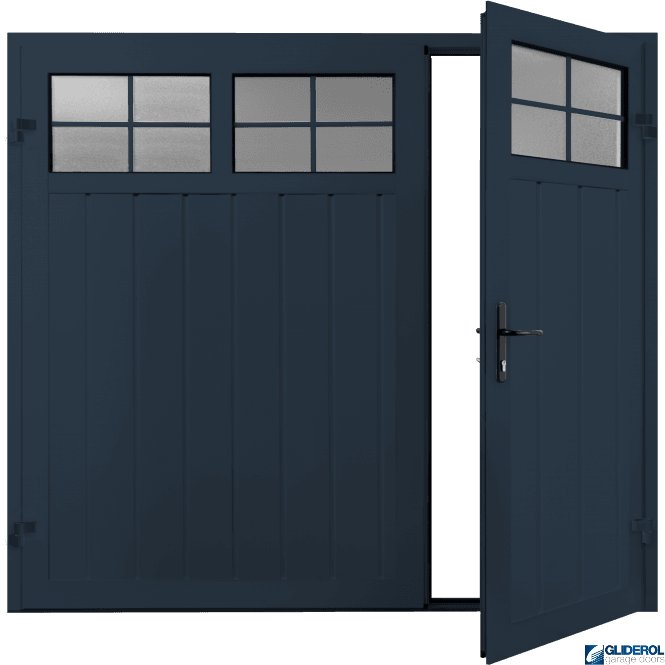 Gliderol STEEL BLUE (RAL5011) Premium Vertical Medium Rib (non-insulated) Side Hinged Garage Door with windows (1/3)