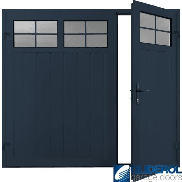 STEEL BLUE (RAL5011) Premium Vertical Medium Rib (non-insulated) Side Hinged Garage Door with windows (1/3)