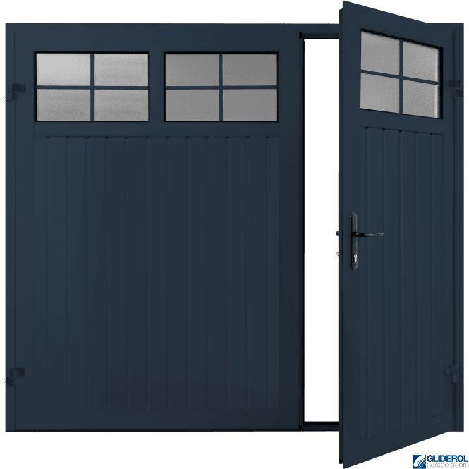 Gliderol STEEL BLUE (RAL5011) Premium Vertical Standard Rib (non-insulated) Side Hinged Garage Door with windows (1/3)