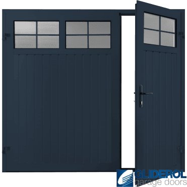 STEEL BLUE (RAL5011) Premium Vertical Standard Rib (non-insulated) Side Hinged Garage Door with windows (1/3)