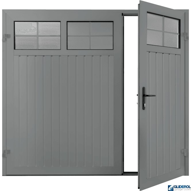 Gliderol TRAFFIC GREY (RAL7040) Premium Vertical Standard Rib (non-insulated) Side Hinged Garage Door with windows (1/3)
