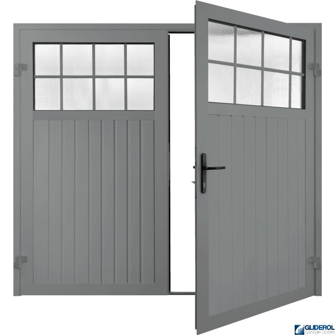Gliderol TRAFFIC GREY (RAL7042) Premium Hartshill Vertical Standard Rib (non-insulated) Side Hinged Garage Door with windows