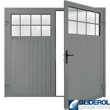 TRAFFIC GREY (RAL7042) Premium Hartshill Vertical Standard Rib (non-insulated) Side Hinged Garage Door with windows