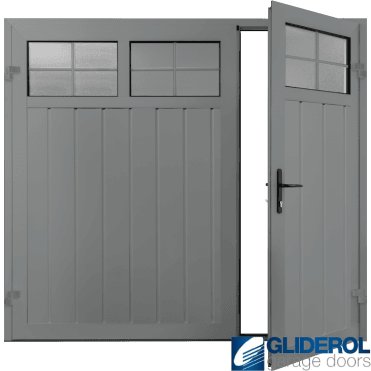 TRAFFIC GREY (RAL7042) Premium Vertical Medium Rib (non-insulated) Side Hinged Garage Door with windows (1/3)