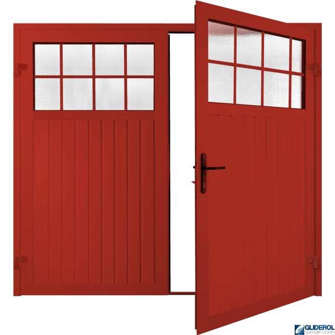 Gliderol TRAFFIC RED (RAL3020) Premium Hartshill Vertical Standard Rib (non-insulated) Side Hinged Garage Door with windows