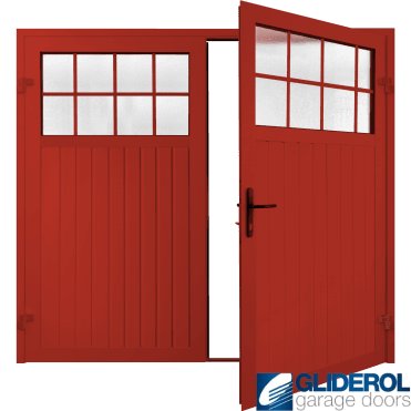 TRAFFIC RED (RAL3020) Premium Hartshill Vertical Standard Rib (non-insulated) Side Hinged Garage Door with windows