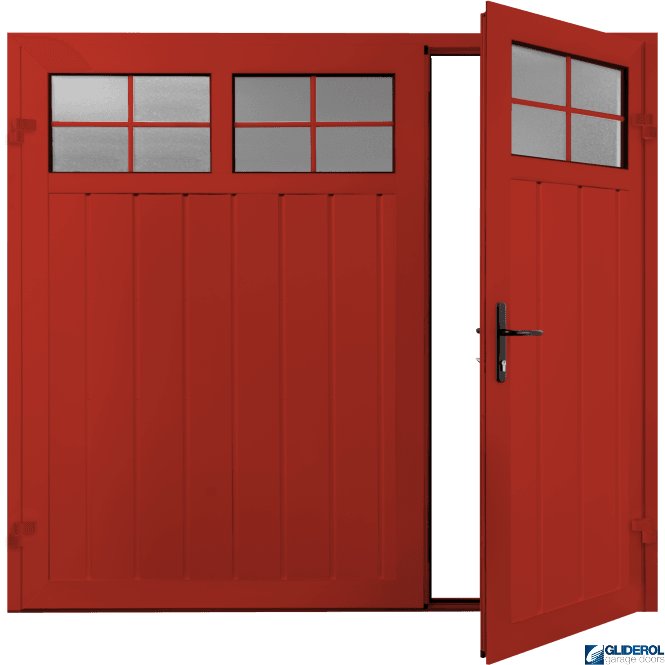 Gliderol TRAFFIC RED (RAL3020) Premium Vertical Medium Rib (non-insulated) Side Hinged Garage Door with windows (1/3)