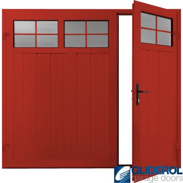 TRAFFIC RED (RAL3020) Premium Vertical Medium Rib (non-insulated) Side Hinged Garage Door with windows (1/3)