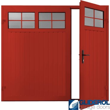 TRAFFIC RED (RAL3020) Premium Vertical Standard Rib (non-insulated) Side Hinged Garage Door with windows (1/3)