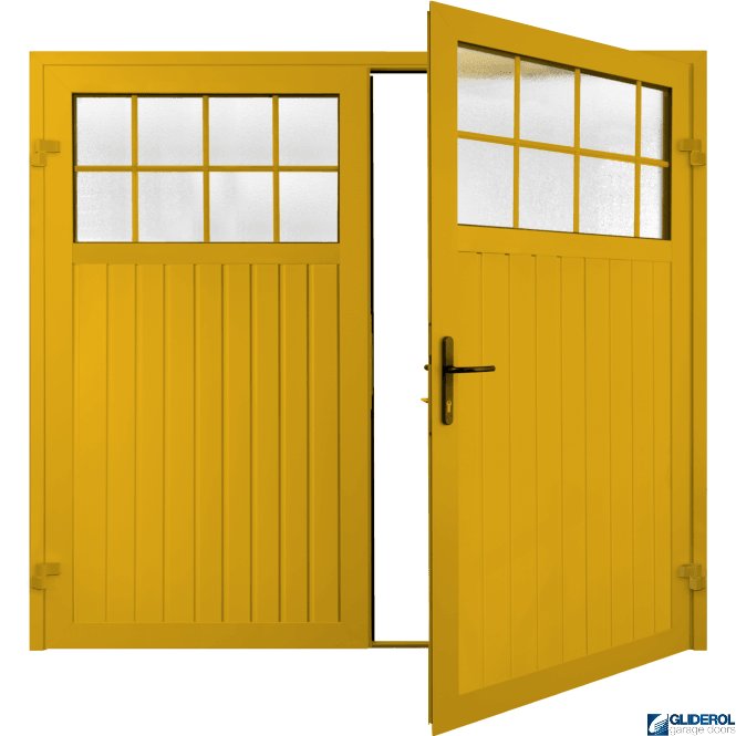 Gliderol TRAFFIC YELLOW (RAL1023) Premium Hartshill Vertical Standard Rib (non-insulated) Side Hinged Garage Door with windows