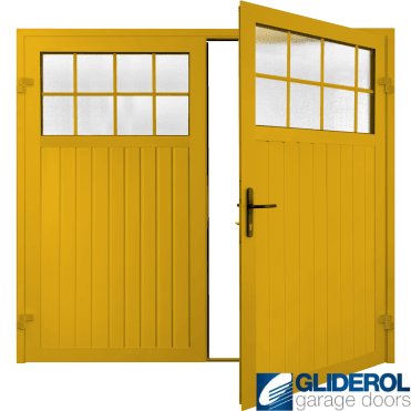 TRAFFIC YELLOW (RAL1023) Premium Hartshill Vertical Standard Rib (non-insulated) Side Hinged Garage Door with windows