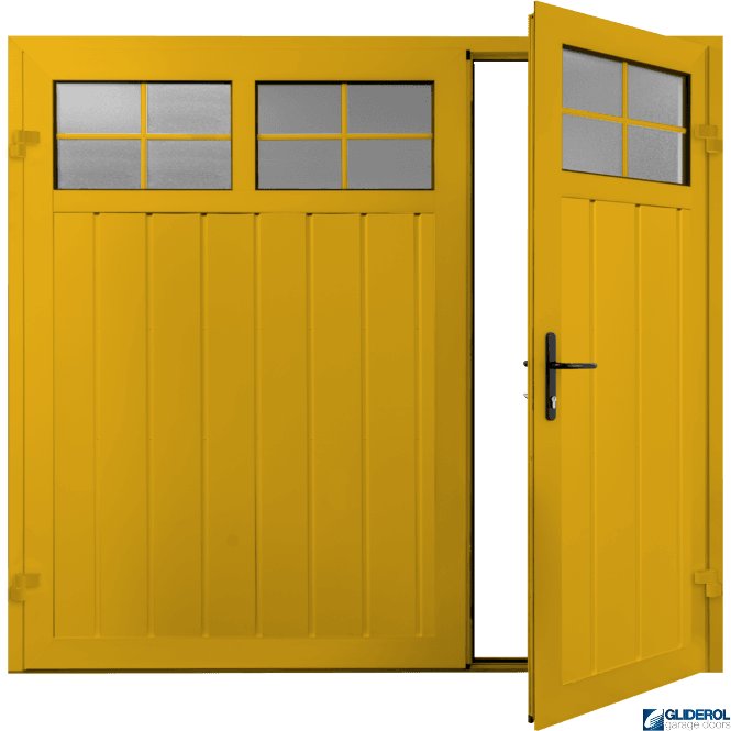 Gliderol TRAFFIC YELLOW (RAL1023) Premium Vertical Medium Rib (non-insulated) Side Hinged Garage Door with windows (1/3)