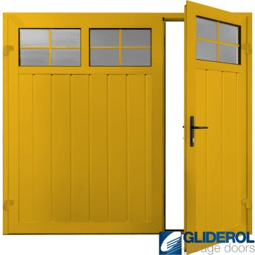 TRAFFIC YELLOW (RAL1023) Premium Vertical Medium Rib (non-insulated) Side Hinged Garage Door with windows (1/3)