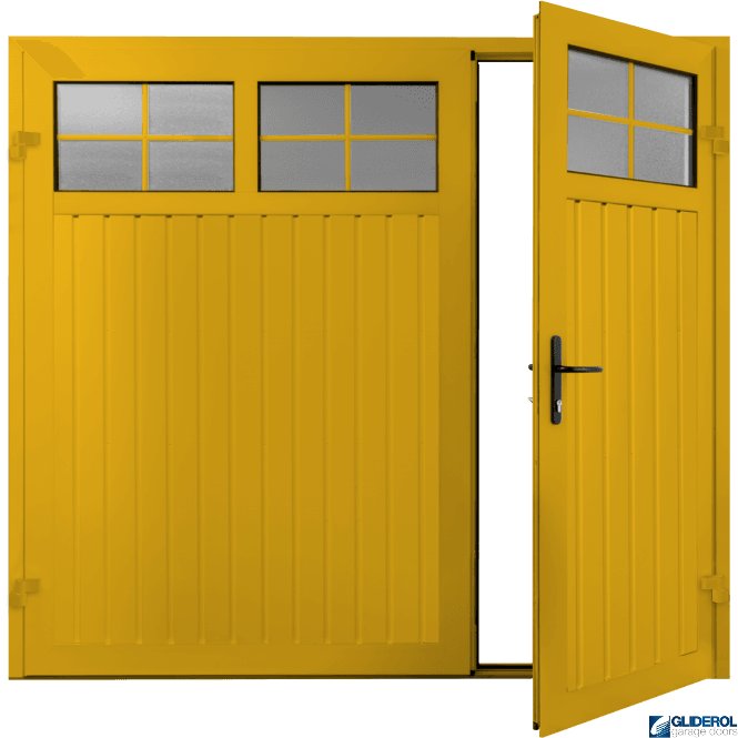 Gliderol TRAFFIC YELLOW (RAL1023) Premium Vertical Standard Rib (non-insulated) Side Hinged Garage Door with windows (1/3)