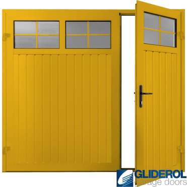 TRAFFIC YELLOW (RAL1023) Premium Vertical Standard Rib (non-insulated) Side Hinged Garage Door with windows (1/3)