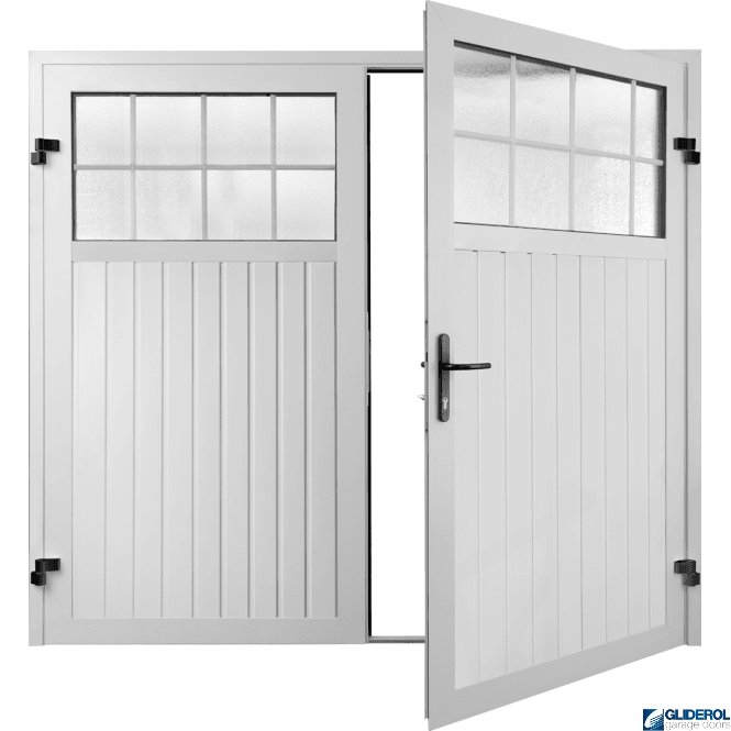 Gliderol WHITE (RAL9016) Premium Hartshill Vertical Standard Rib (non-insulated) Side Hinged Garage Door with windows