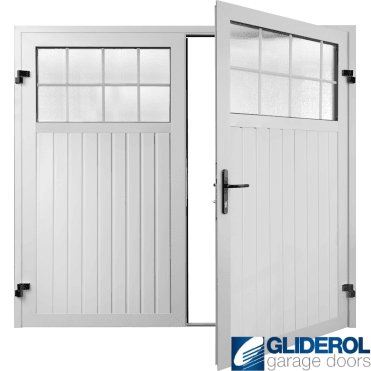 WHITE (RAL9016) Premium Hartshill Vertical Standard Rib (non-insulated) Side Hinged Garage Door with windows