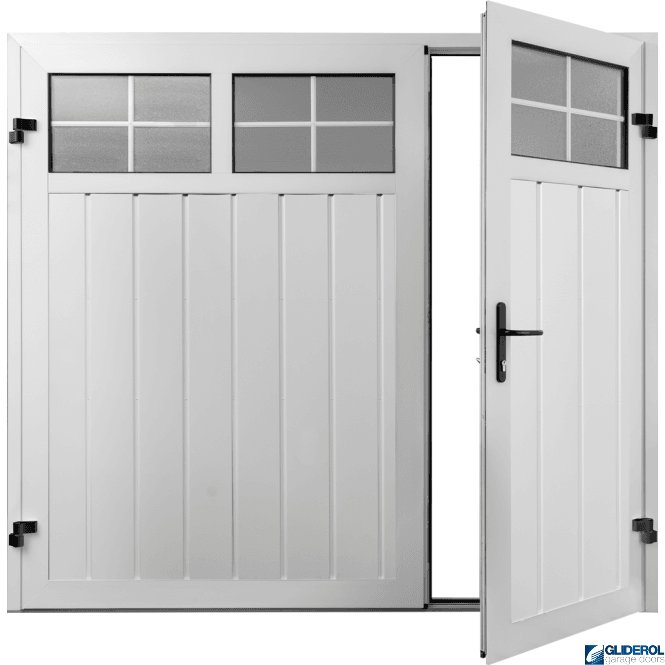 Gliderol WHITE (RAL9016) Premium Vertical Medium Rib (non-insulated) Side Hinged Garage Door with windows (1/3)