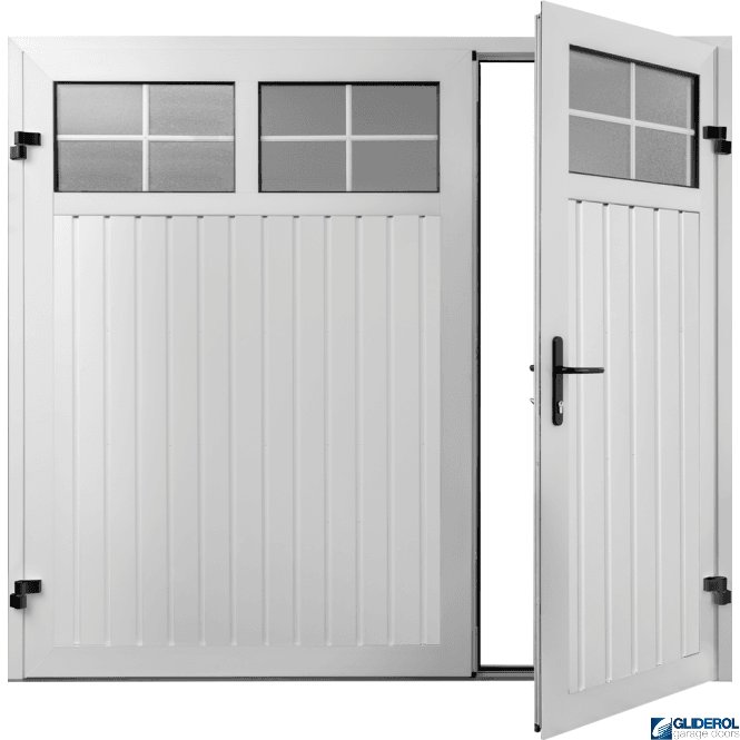 Gliderol WHITE (RAL9016) Premium Vertical Standard Rib (non-insulated) Side Hinged Garage Door with windows (1/3)