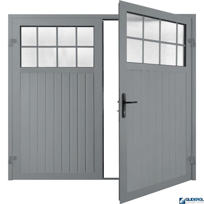 Gliderol WINDOW GREY (RAL7040) Premium Hartshill Vertical Standard Rib (non-insulated) Side Hinged Garage Door with windows