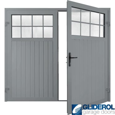WINDOW GREY (RAL7040) Premium Hartshill Vertical Standard Rib (non-insulated) Side Hinged Garage Door with windows